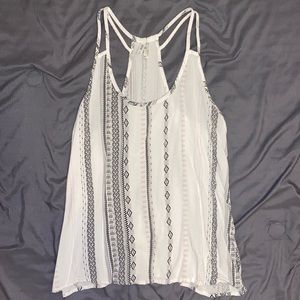 Women’s Mudd Spaghetti Strap Tank. White with black and beige pattern.